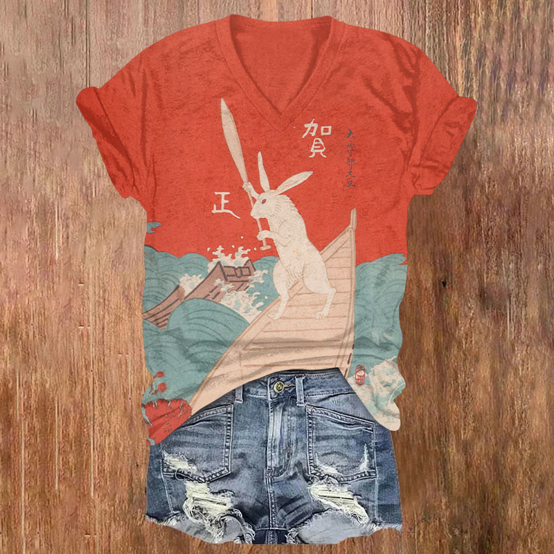 Japanese Rowing Rabbit Print T-shirt - Red - US32-34(5XL) - image 1