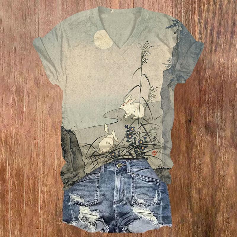 Retro Ink White Rabbit Print T-shirt - Grey - US32-34(5XL) - image 1