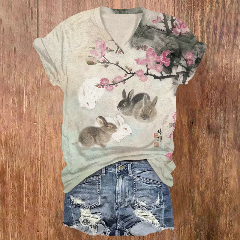 Sakura Cute Rabbit Print T-shirt - Apricot - US32-34(5XL) - image 1
