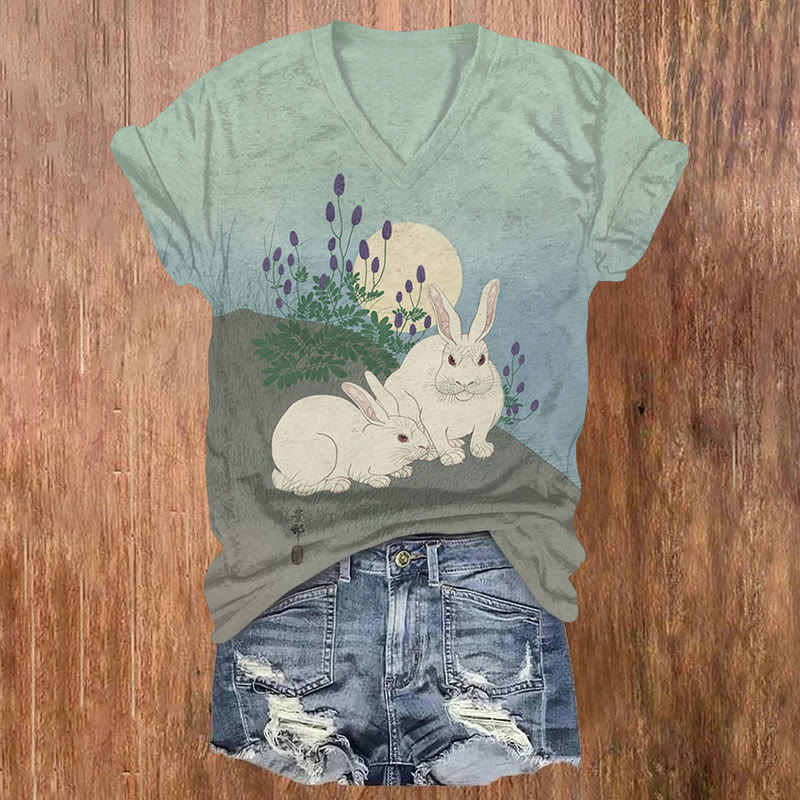 White Rabbit On Moonlit Night Print T-shirt - Mint - US32-34(5XL) - image 1