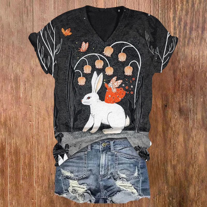 Midnight Flower Rabbit Print T-shirt - Black - US32-34(5XL) - image 1