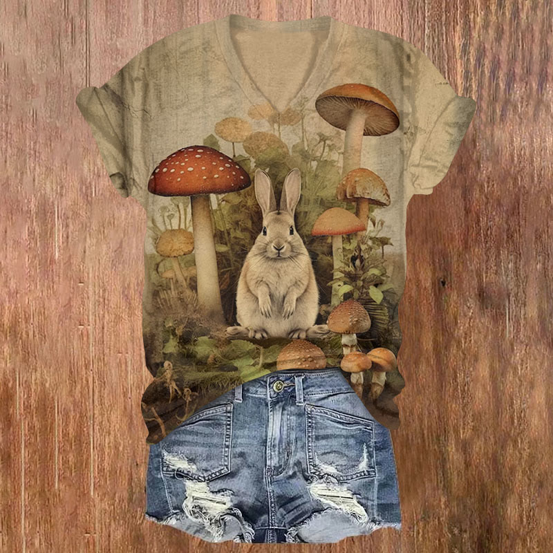 Mushrooms And Rabbit Print T-shirt - Khaki - US32-34(5XL) - image 1