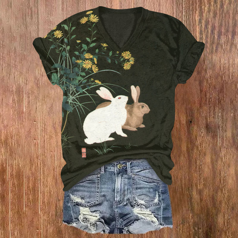 Rabbit And Flowers Print T-shirt - Black - US32-34(5XL) - image 1