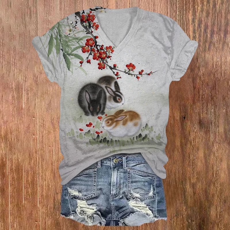 Rabbit And Plum Blossom Print T-shirt - Warm Grey - US32-34(5XL) - image 1