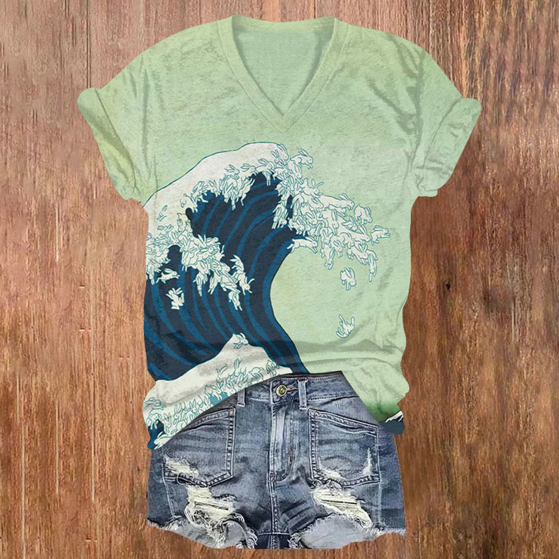 Creative Waves And Rabbit Print T-shirt - Green - US32-34(5XL) - image 1
