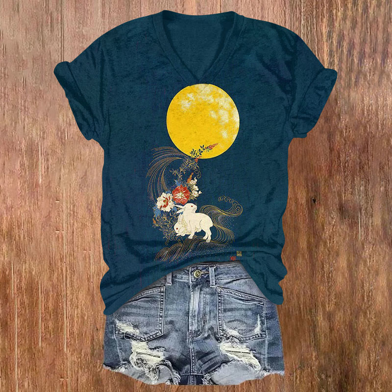 Moon And Rabbit Print T-shirt - Navy Blue - US32-34(5XL) - image 1