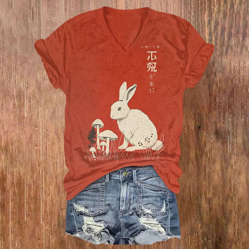 Retro Japanese Style Rabbit And Mushrooms Print T-shirt - Red - US32-34(5XL) - image 1