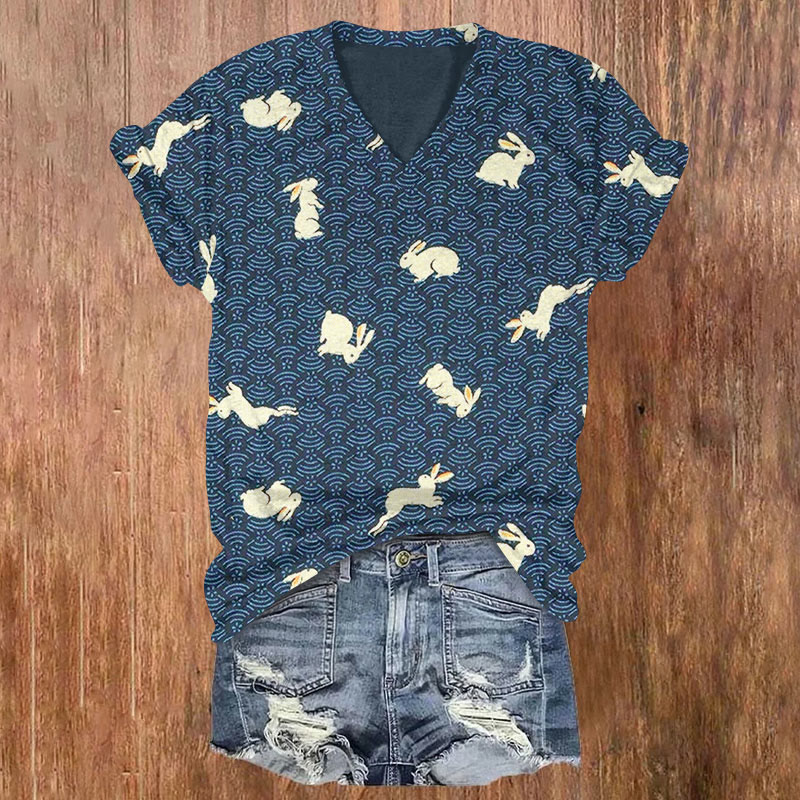 Retro Rabbit Print T-shirt - Blue - US32-34(5XL) - image 1