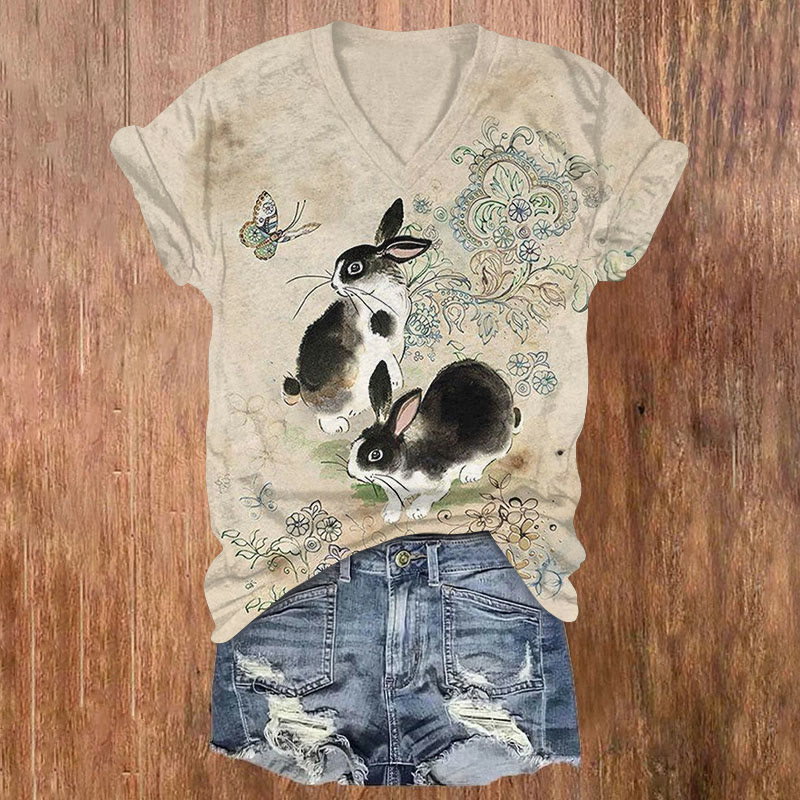 Retro Pastoral Rabbit Print T-shirt - Khaki - US32-34(5XL) - image 1