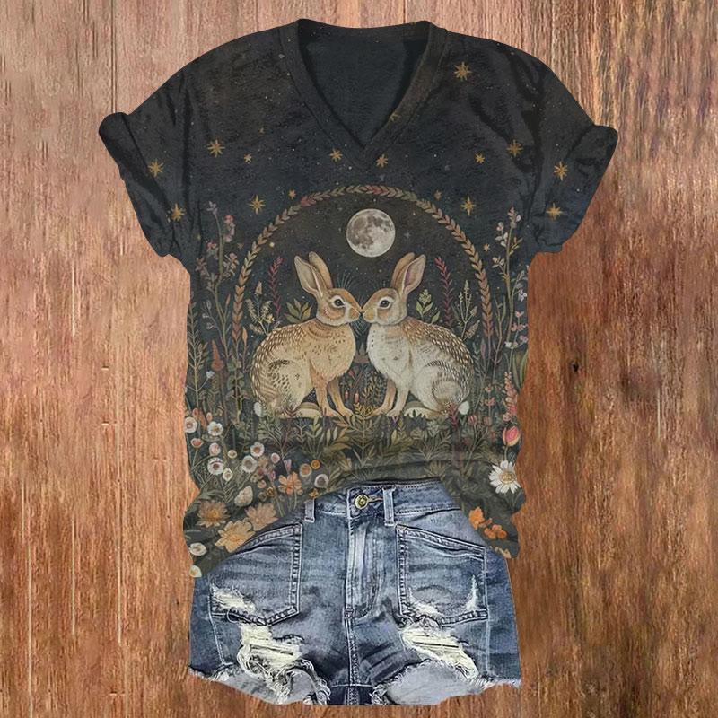 Forest Moonlight Night Rabbit Print T-shirt - Black - US32-34(5XL) - image 1