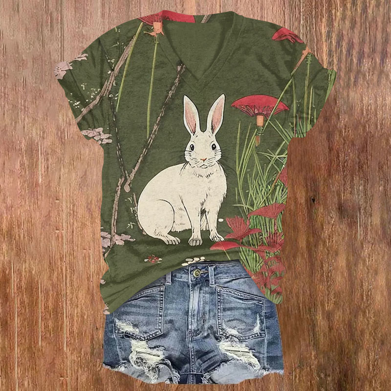Retro Rabbit And Mushrooms Print T-shirt - Olive Green - US32-34(5XL) - image 1