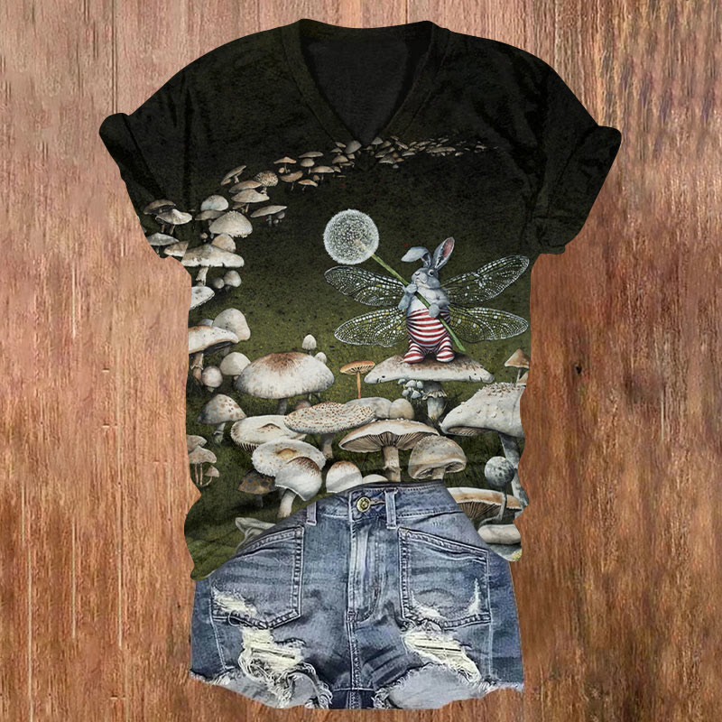 Rabbit And Mushroom Print T-shirt - Black - US32-34(5XL) - image 1