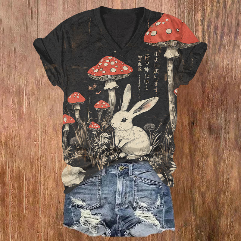 Retro Japanese Style Rabbit And Mushrooms Print T-shirt - Black - US32-34(5XL) - image 1