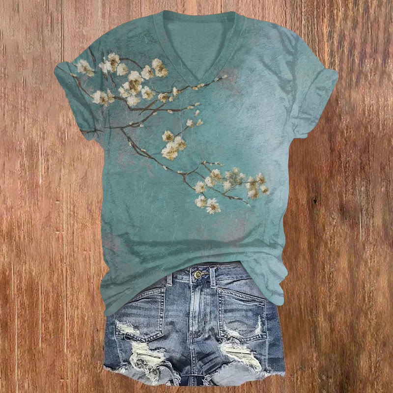  Simple Cherry Blossom Branches Print T-shirt - Green - US32-34(5XL) - image 1