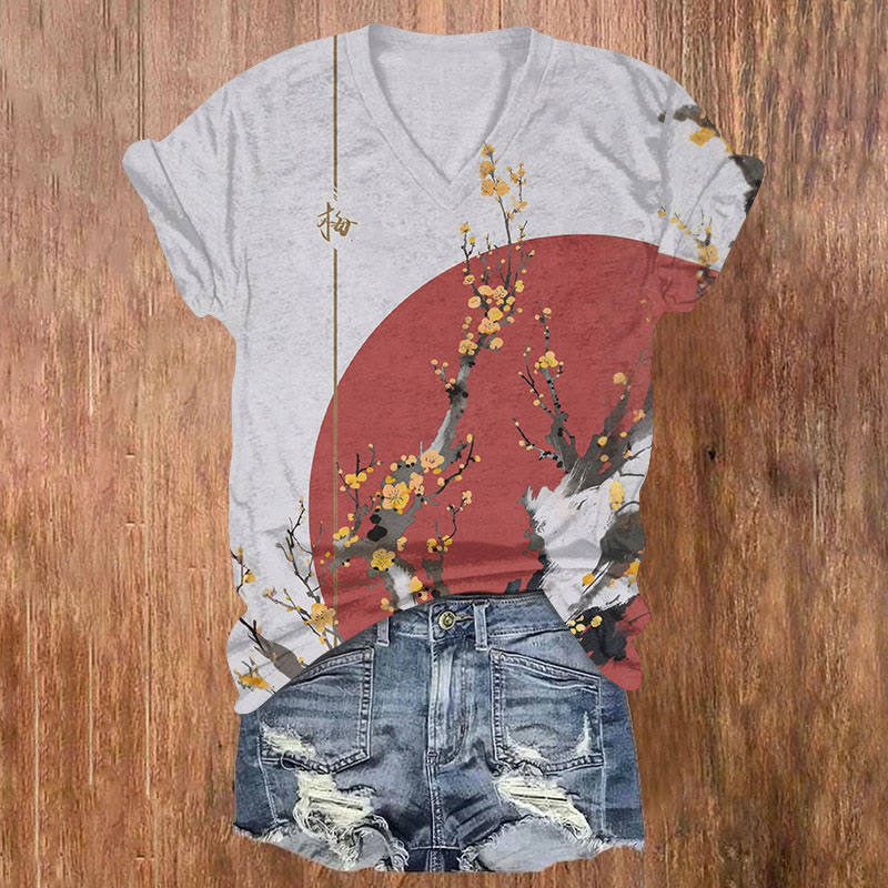 Japanese Plum Blossom Print T-shirt - Light Gray - US32-34(5XL) - image 1