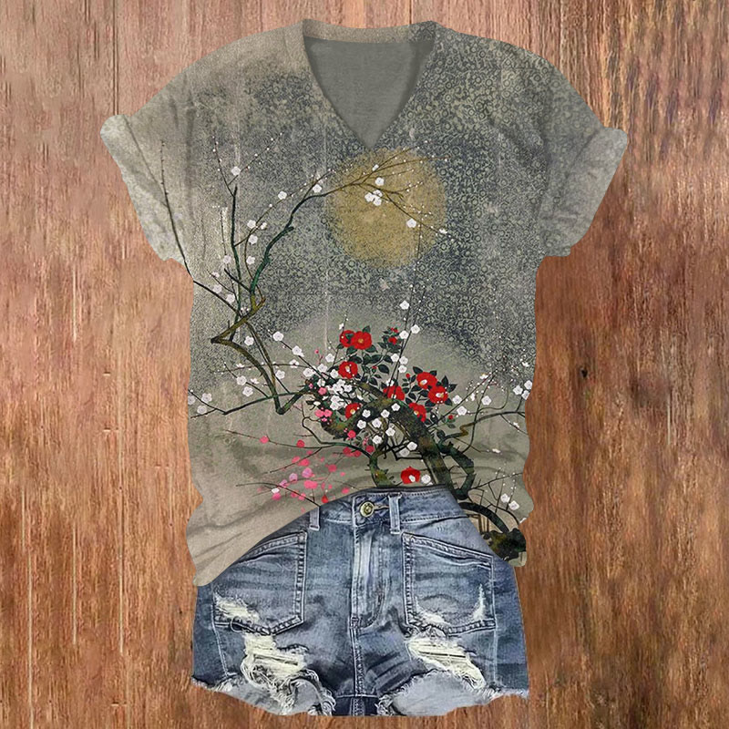 Moonlight Flower Art Print T-shirt - Grey - US32-34(5XL) - image 1
