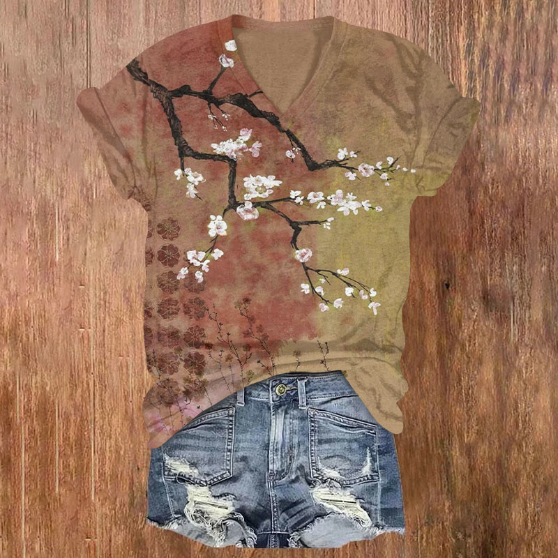 Retro Floral Art Print T-shirt - Khaki - US32-34(5XL) - image 1