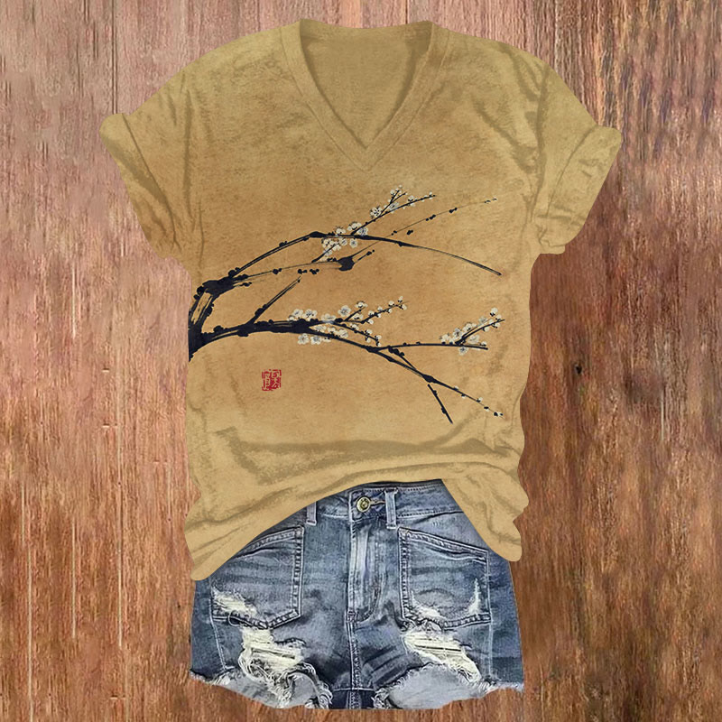Japanese Floral Art Print T-shirt - Khaki - US32-34(5XL) - image 1