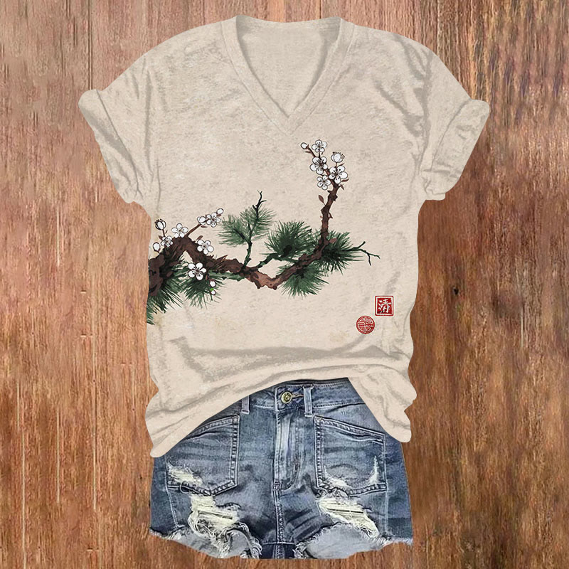 Japanese Pine Branch Plum Blossom Print T-shirt - Apricot - US32-34(5XL) - image 1