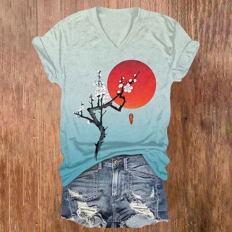  Sunset Plum Blossoms Print T-shirt - Light Blue - US32-34(5XL) - image 1