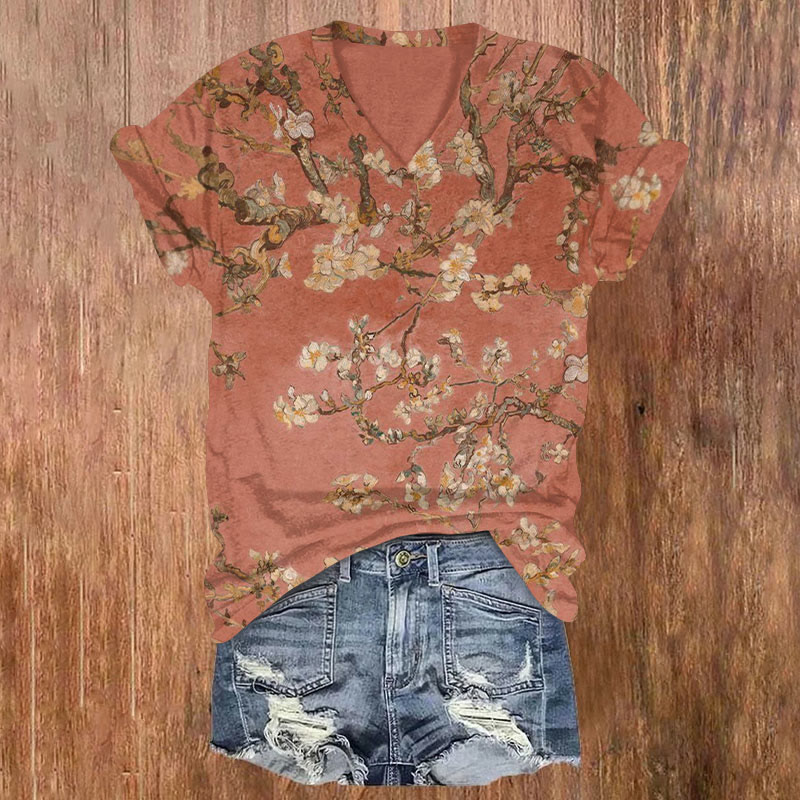 Retro Plum Blossom Print T-shirt - Red - US32-34(5XL) - image 1