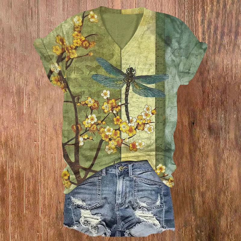 Retro Dragonfly With Plum Blossoms Print T-shirt - Green - US32-34(5XL) - image 1