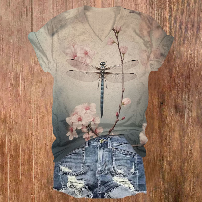 Retro Dragonfly With Plum Blossoms Print T-shirt - Pink - US32-34(5XL) - image 1