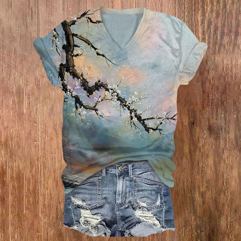 Sunset Plum Blossom Art Print T-shirt - Multicolor - US32-34(5XL) - image 1