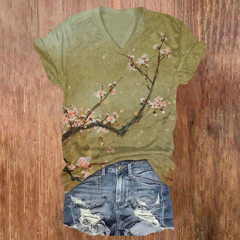 Retro Plum Blossom Art Print T-shirt - Olive Green - US32-34(5XL) - image 1