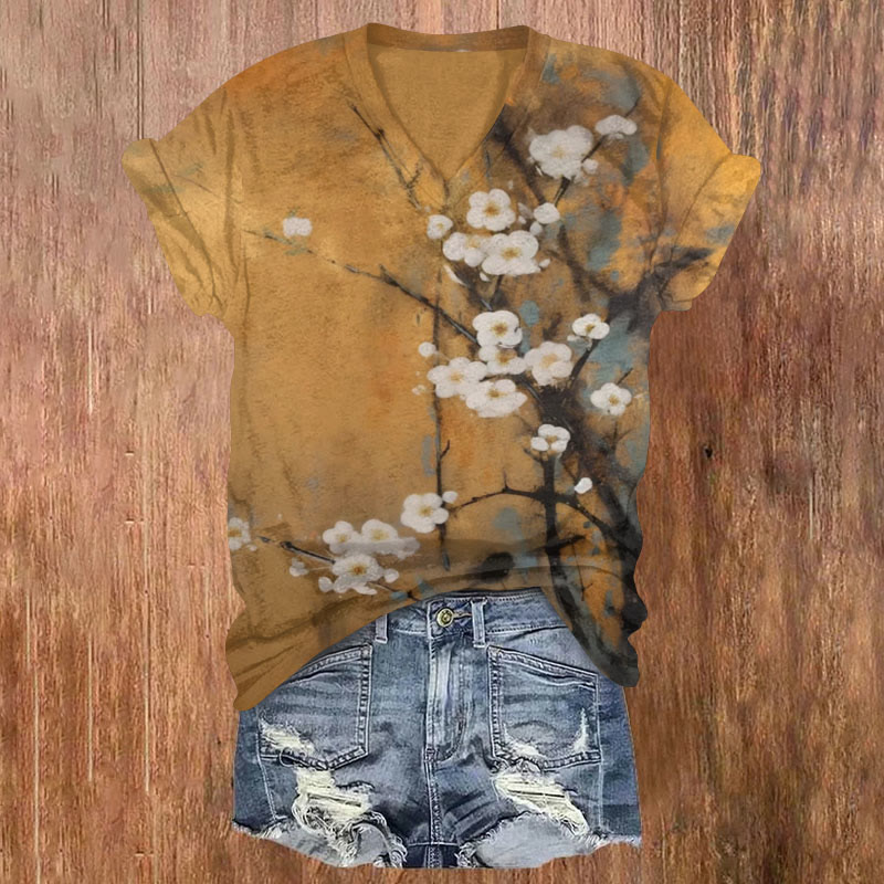 Retro Ink Painting Plum Blossoms Print T-shirt - Orange - US32-34(5XL) - image 1