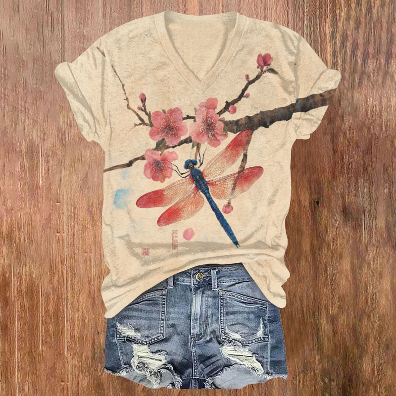 Japanese Plum Dragonfly Art Print T-shirt - Apricot - US32-34(5XL) - image 1