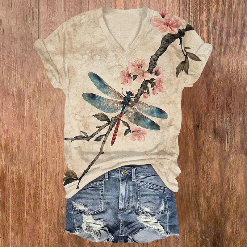 Japanese Flower And Dragonfly Art Print T-shirt - Apricot - US32-34(5XL) - image 1