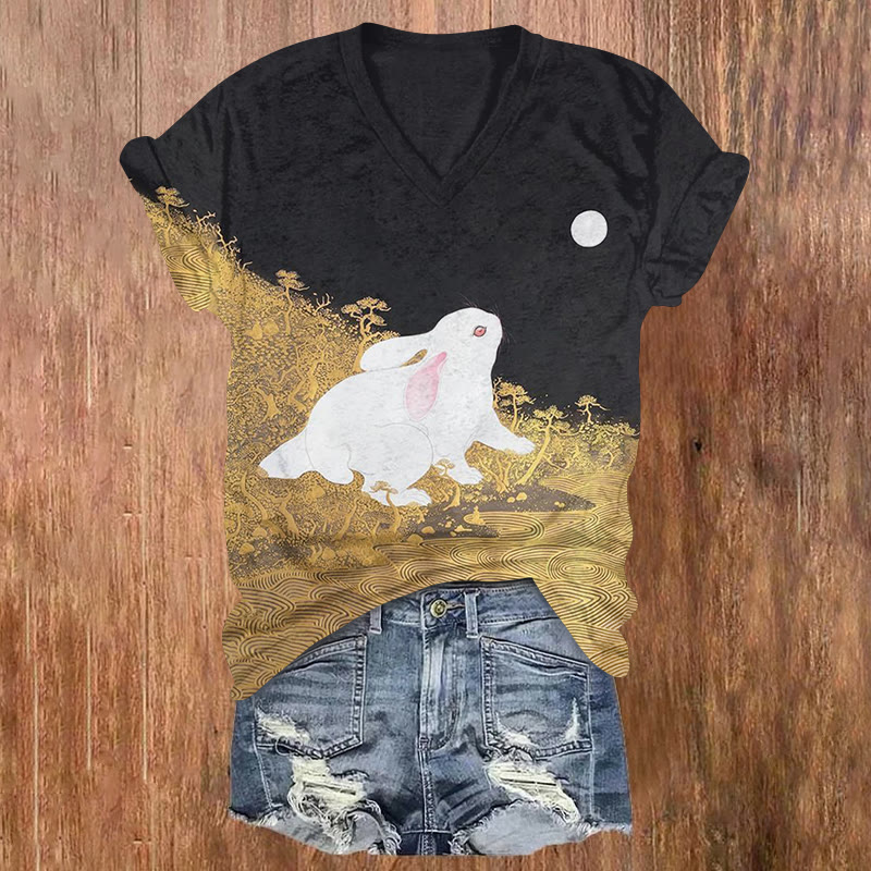 Japanese Moon Rabbit Art Print T-shirt - Multicolor - US32-34(5XL) - image 1