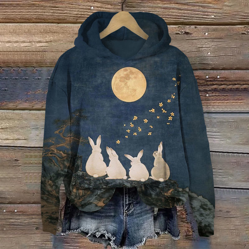 Easter Moonlight Bunny Print Long Sleeve Hoodie - Blue - US44-46(8XL) - image 1