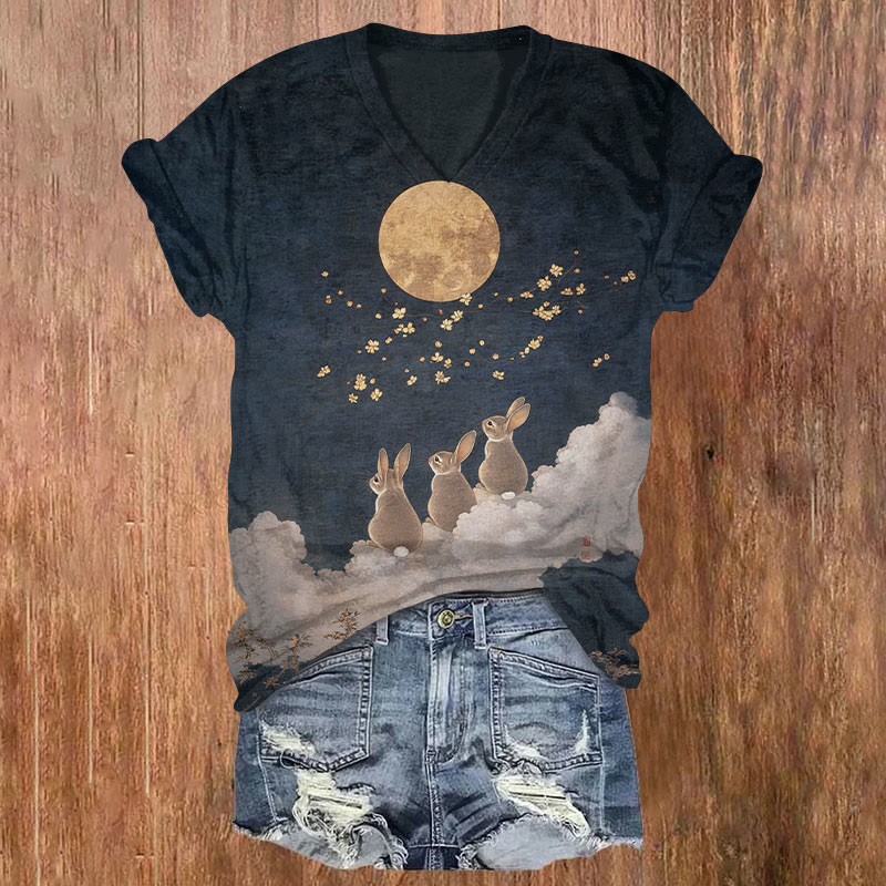  Easter Moonlight Bunny Print T-shirt - Black - US32-34(5XL) - image 1