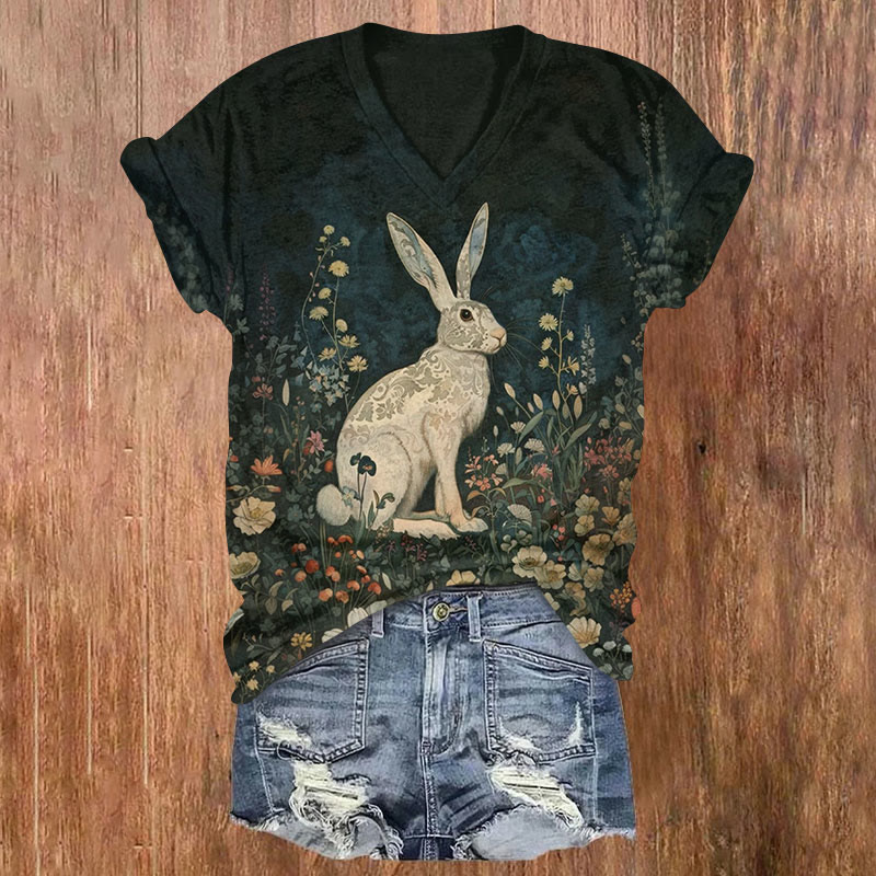 Easter Bunny Flowers Art Print T-shirt - Black - US32-34(5XL) - image 1