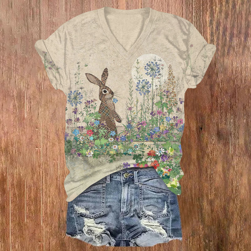Easter Floral Bunny Art Print T-shirt - Apricot - US32-34(5XL) - image 1