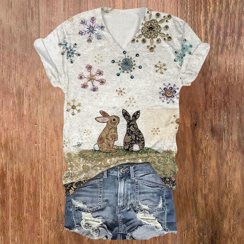 Easter Floral Bunny Art Print T-shirt - White - US32-34(5XL) - image 1
