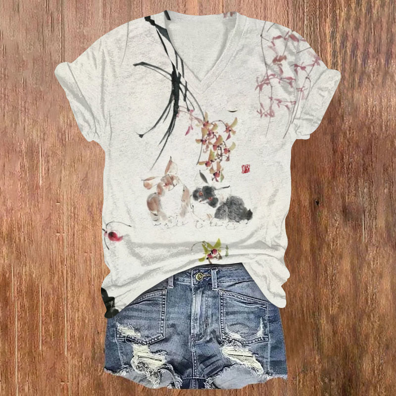 Japanese Style Floral Rabbit Art Print T-shirt - White - US32-34(5XL) - image 1