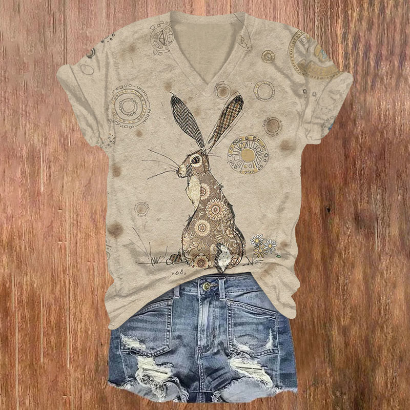 Easter Cute Bunny Art Print T-shirt - Khaki - US32-34(5XL) - image 1