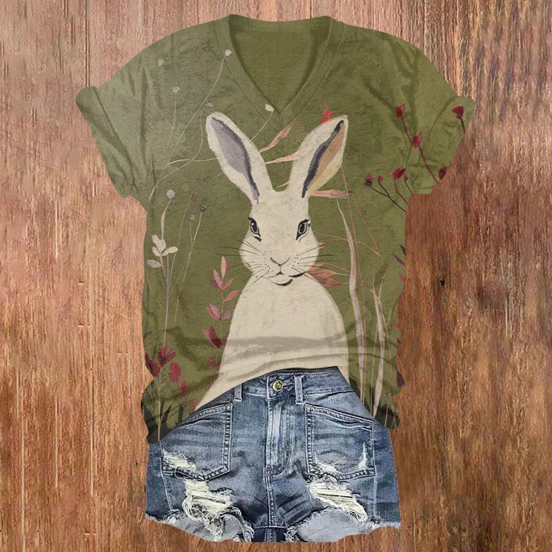 Easter Simple Bunny Art Print T-shirt - Olive Green - US32-34(5XL) - image 1