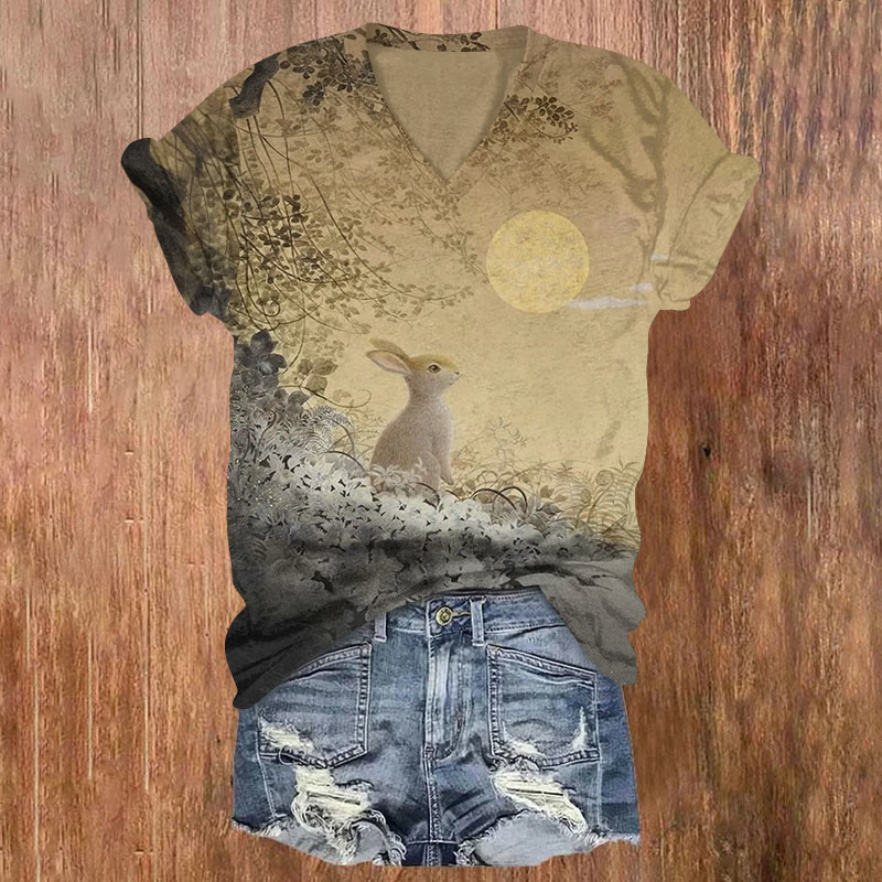 Moonlight Rabbit Art Print T-shirt - Khaki - US32-34(5XL) - image 1