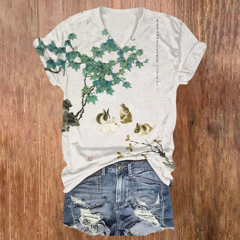 Retro Bunny With Green Leaves Art Print T-shirt - White - US32-34(5XL) - image 1