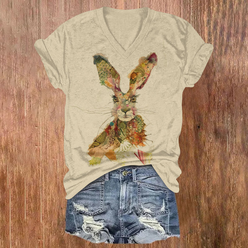 Easter Watercolor Bunny Art Print T-shirt - Apricot - US32-34(5XL) - image 1