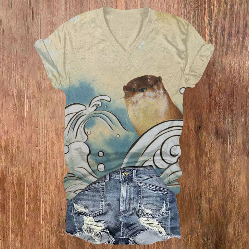 Creative Otter And Waves Print T-shirt - Khaki - US32-34(5XL) - image 1