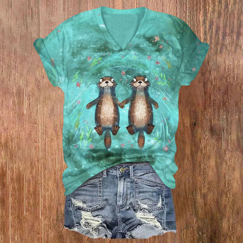 Cute Otters Holding Hands Print T-shirt - Lake Blue - US32-34(5XL) - image 1
