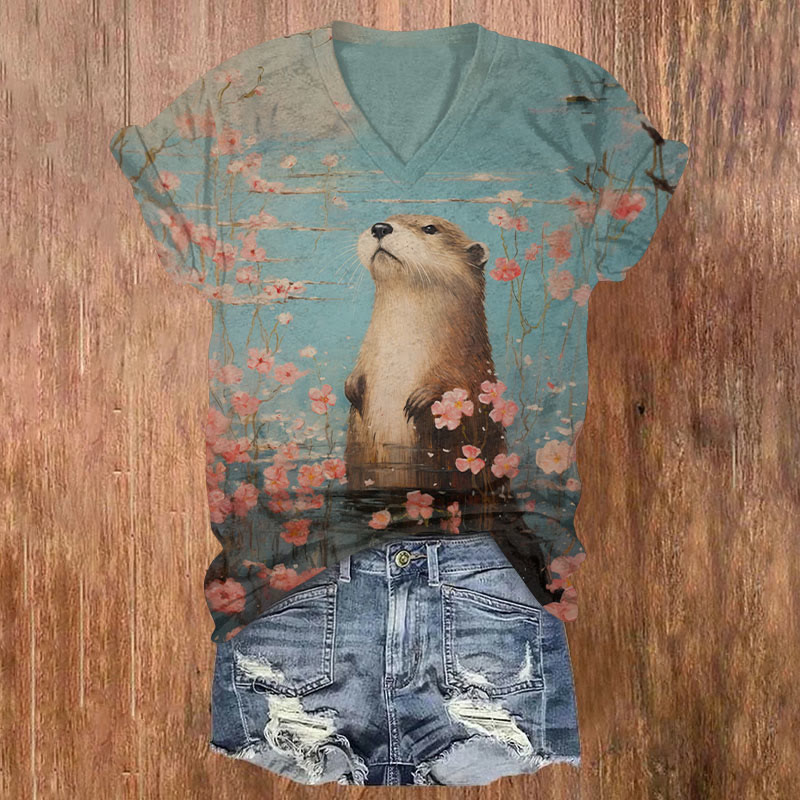 Retro Otter And Flowers Print T-shirt - Blue - US32-34(5XL) - image 1
