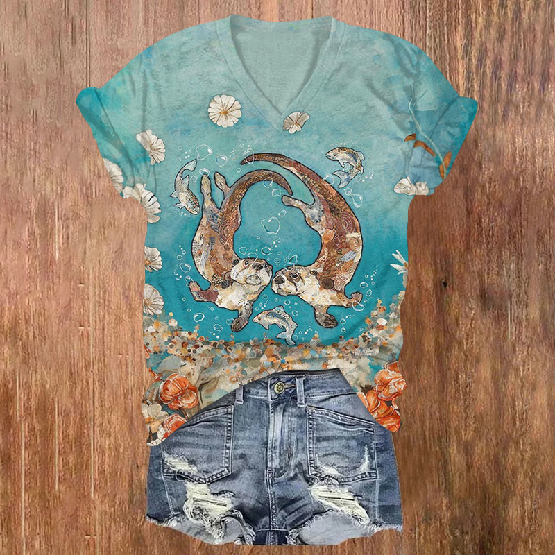 Otter Underwater World Print T-shirt - Lake Blue - US32-34(5XL) - image 1