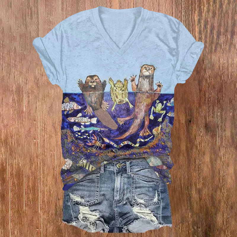 Fun Otters And The Underwater World Print T-shirt - Blue - US32-34(5XL) - image 1