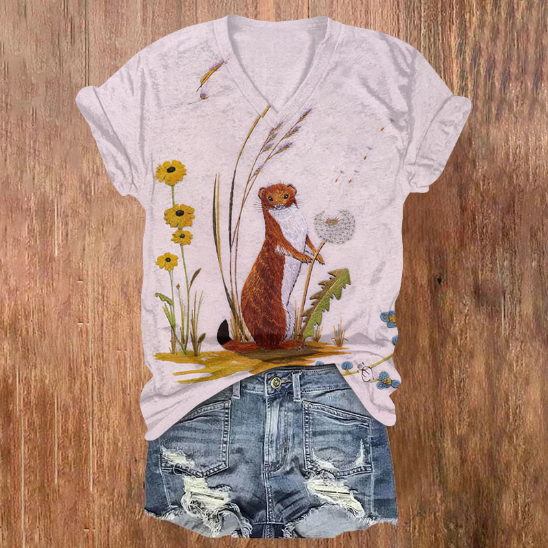 Fun Otter And Flowers Print T-shirt - Light Purple - US32-34(5XL) - image 1